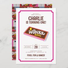 a pink and brown candy bar birthday party card with the words charlie is turning one on it