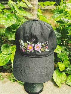 【The Idea】A pretty hand embroidered cap that is perfect for everyday wear! Available in different colors and designs. Feel free to send me a message for any custom work! 【SIZE】The measurements are approximately capsized (head circumference): 55 - 65 cm Or 21.5 - 25.5 inches. -【TOTALLY HANDMADE】As we have been working on simple crafts for those who retire but are not tired, we create products that are solution-based with quality. 【SHIPPING】I use DHL eCommerce or USPS or Royal mail (depending on t Embroidered Cotton Hat As Gift, Embroidered Hat With Curved Visor, Embroidered Curved Visor Hat, Embroidered Adjustable Baseball Cap Gift, Black Embroidered Dad Hat, Black Cap With Custom Embroidery, Adjustable Embroidered Baseball Cap Gift, Embroidered Baseball Cap One Size, Embroidered Baseball Cap Gift