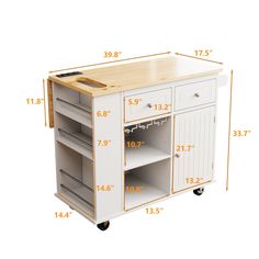 a kitchen island with drawers on wheels and measurements for the widths to fit it