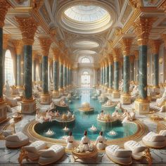 an elaborately decorated room with gold trimmings and blue water in the center