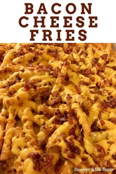 bacon cheese fries on a white plate with text overlay