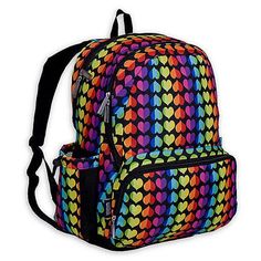 "Wildkin Rainbow Hearts Backpack and Lunchbox set Price includes complimentary personalization of a name, monogram, or initial to create a look that's all their own! ITEM DESCRIPTION & DETAILS BACKPACK 17in. Hx 12.5in. Wx 7.5in. D Three spacious zippered compartments Multiple interior pockets and mesh enclosure Side pockets for water bottles Approximate ages 8+ LUNCHBOX 9.75in.x 7in.x 3.25in. Sturdy, durable, fabric construction Food safe PVC, BPA & Phthalate-free Insulated and easy-to-c Rainbow Backpack, Backpacks Black, Rucksack Bags, Heart Shaped Bag, Mesh Backpack, Knapsack Bag, Monogram Backpack, Water Bottle Bag, Rainbow Bag