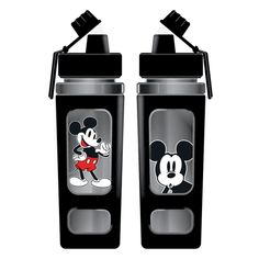 two mickey mouse water bottles are shown with the same design on each one, both in black and silver