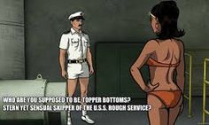 a woman in a bathing suit standing next to a man in a uniform with the caption, who are you supposed to be typing?