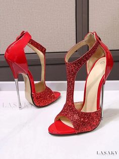 Lasaky - Womens Sparkling T Strap High Heel Sandals for a Glamorous Look Elegant Synthetic T-strap Sandals For Party, Party Closed Toe T-strap Sandals, Red Synthetic Sandals For Party, Red Closed Toe Sandals For Party, Party T-strap Sandals With Round Toe, Glamorous Red Round Toe Sandals, Red T-strap Heels For Party, Glamorous Red Sandals For Wedding, Glamorous T-strap Sandals For Party