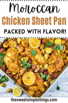 the recipe for moroccan chicken sheet pan is shown with lemons, potatoes and parsley