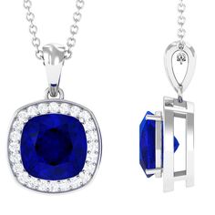 Cushion Cut Lab Created Blue Sapphire Halo Pendant Necklace With Moissanite Lab Created Blue Sapphire - ( AAAA ) - Quality - Rosec Jewels Date Wear, Classic Pendant Necklace, Sapphire Pendant Necklace, Blue Sapphire Pendant, Sapphire Necklace Pendants, Blue Sapphire Necklace, Lunch Date, Halo Pendant, Sapphire Pendant