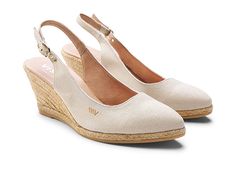 VISCATA Palomera Slingback Buckle Wedges - Women's Shoes : Beige Canvas : The primary materials that compose this product contain a minimum of 20 percent organic content. Stay comfortable and stylish every time you go out, wearing VISCATA Palomera Slingback Buckle Wedges. Canvas upper. Leather lining. Leather cushioned footbed. Slide-on style. Pointed toe. Sling-back adjustable heel strap with buckle closure. Braided jute midsole. Rubber outsole. Made in Spain. Weight of footwear is based on a s Casual Pointed Toe Wedge Sandals For Summer, Elegant Ankle Strap Espadrilles For Summer, Elegant Summer Ankle Strap Espadrilles, Elegant Summer Espadrilles With Ankle Strap, Elegant Ankle Strap Espadrilles For Spring, Elegant Closed Toe Espadrilles For Summer, Elegant Spring Ankle Strap Espadrilles, Elegant Summer Espadrilles With Wedge Heel, Elegant Summer Espadrilles