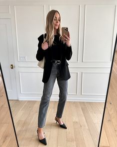 Fashion Jackson Wearing MAYSON the label black boyfriend blazer, black top, levis grey jeans, black slingback heels, black blazer and jeans outfit, casual workwear outfit for women, black blazer outfit inspo Slingback Heels Outfit, Kitten Heels Outfit, Grey Jeans Outfit, Black Slingback Heels, Black Boyfriend