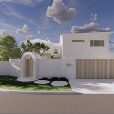 an artist's rendering of a modern house with palm trees in the front yard