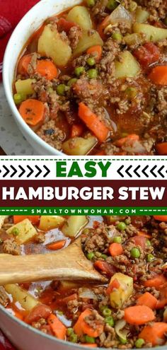 hamburger stew in a white bowl with a wooden spoon