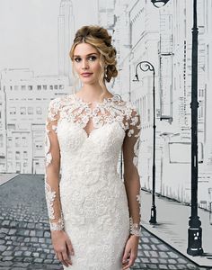 a woman in a white wedding dress posing for the camera with her hands on her hips