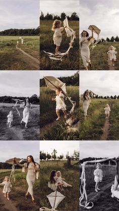 a series of photos showing women in white dresses and holding umbrellas, running through the grass