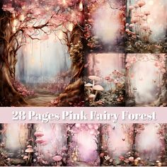 pink fairy forest with mushrooms, mushrooms and trees in pastel tones for photoshopping