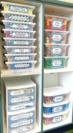 some containers and bins are on the shelves in this classroom cupboard with labels that spell out words