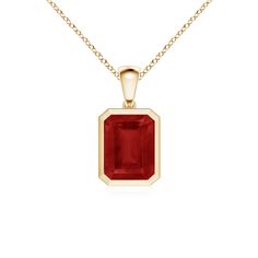 The bezel-set emerald-cut ruby is the focal point of this pendant. Crafted in 14k yellow gold, this solitaire pendant is just what you need to transform your everyday look. Ruby Pendant, Solitaire Pendant, Bezel Setting, Emerald Cut, Everyday Look, Focal Point, Fall In Love, 18k Gold, Ruby