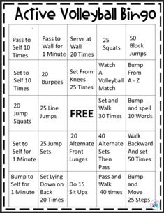 a printable activity for active volleyball bingos to help kids learn how to play