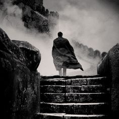 a person standing on some steps in the fog with a cloak over their head and hands