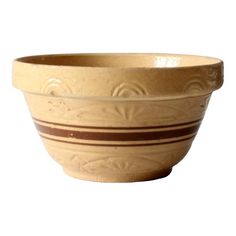 a white bowl with brown stripes on the bottom and sides, sitting in front of a white background