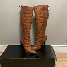 Beautiful Giuseppe Zanotti Tall Boots,Beautiful Brown Crocodile Style ,Zipper On Site And Lace On Back. Perfect Condition,Wear Couple Times, Add Protection. Now Is Very Hot And Stylish Color And Designs. Have Original Box,Bought From Bloomingdales, With 4" Heels. Elegant Leather Heeled Boots With Crocodile Pattern, Elegant Heeled Boots With Crocodile Pattern And Pointed Toe, Elegant Pointed Toe Heeled Boots With Crocodile Pattern, Elegant Crocodile Pattern Heeled Boots With Pointed Toe, Fitted Leather Heels With Crocodile Pattern, Elegant Formal Boots With Crocodile Pattern, Elegant Brown Heeled Boots With Zipper, Elegant Brown Heeled Boots With Zipper Closure, Leather Boots With Crocodile Pattern For Party