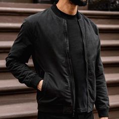 Comfortable & Classic Men's Bomber Jacket in Black. Handcrafted With A Water-Resistant Cotton/Nylon Shell And Quilted Interiors For Warmth & Comfort. Featuring Ribbed Cotton Cuffs, Collar, And Waistband. Shop Now For Free Shipping & Returns! Jackets For Winter, Ma 1 Jacket, Black Outfit Men, Collar Leather Jacket, Mens Fashion Casual Outfits, Cool Outfits For Men, Casual Jackets, Black Leather Jacket, Jacket Design