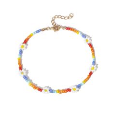 Add a playful finish to your summertime style with this anklet boasting vibrant beads and a charming floral design. 6" L with 1.9" extender Lobster claw clasp 18k gold-plated copper / howlite Seed Bead Flower, Hop Flower, Seed Bead Necklaces, Bead Anklet, Seed Bead Flowers, Flower Choker Necklace, Bead Flower, Ankle Jewelry, Collar Chain