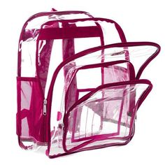 K-Cliffs See-Through School Backpack. Transparent PVC with Hot Pink Trim. Dimension: 17"x13.5"x7" Heavy duty zippers. Sturdy mesh pocket on both sides. Padded and adjustable shoulder straps easily getting through the security check at an event. Gender: unisex.  Age Group: adult. Security Bag, Travel Security, Clear Backpack, Bag Transparent, School Bookbags, Pvc Fabric, Travel Daypack, Unisex Backpack, Backpack Material