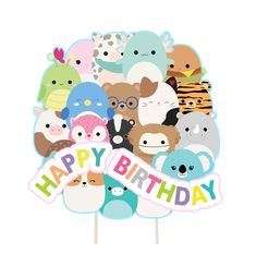 a birthday cake topper with lots of different animals on it's face and the words happy birthday