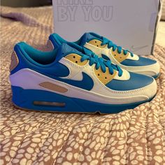 One Of A Kind! Custom Nike Air Max 90- Turquoise, Tan, Cream Never Even Tried Them On. Size 9.5 Women’s. 90 Women, Nike Air Max 90 Women, Air Max 90 Women, Custom Nike, Custom Nikes, Nike Air Max 90, Custom Boxes, Blue Cream, Shoe Brands