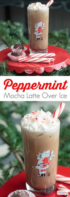 peppermint mocha latte over ice on a red plate with candy canes