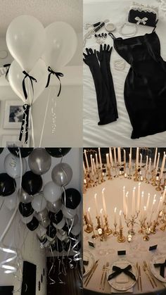 black and white party decorations with balloons