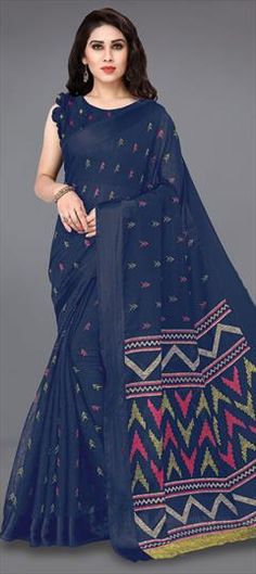 Blue color Saree in Cotton fabric with Printed work Blue Cotton Embroidered Saree, Blue Embroidered Cotton Saree, Festive Blue Cotton Saree, Blue Cotton Saree With Pallu, Festive Blue Saree With Printed Motifs, Traditional Blue Handloom Fabric, Blue Cotton Fabric With Printed Motifs, Blue Saree Fabric For Festive Occasions, Blue Color Saree