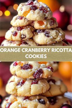 orange cranberry ricotta cookies are stacked on top of each other and ready to be eaten