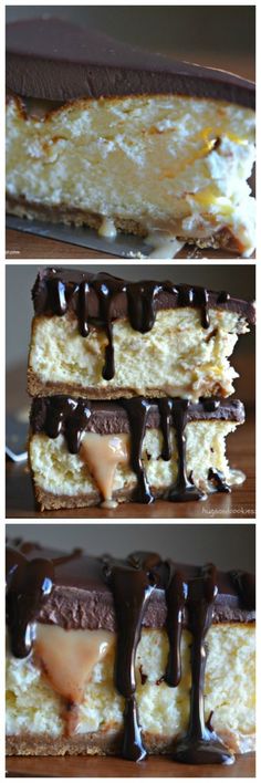 three different views of an ice cream cake with chocolate and caramel toppings on top