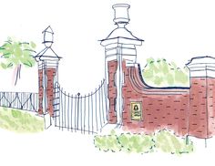 a drawing of a gate with a clock tower on top and trees in the background