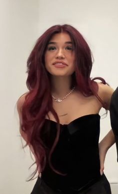 Dark Red Curtain Bangs, Red Hair Nessa Barrett, Hair Color For Mixed Women, Dark Red On Black Hair, Red Hair With Dark Eyebrows, Dark Red Hair Grunge, Dark Red Hair Color Aesthetic, Nessa Red Hair, Red Hair Red Eyebrows