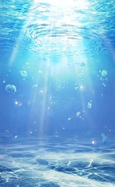 an underwater scene with sunlight shining through the water and bubbles floating in the ocean floor