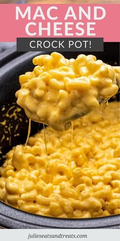 macaroni and cheese is being scooped from the crock pot