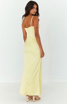 Yellow Maxi Dress 
The perfect maxi dress for your next formal or cocktail event. Elegant, stunning and chic - pair with nude heels to complete this gorgeous outfit! 

Maxi length 
Adjustable spaghetti straps 
Satin-like material 
Invisible zip up centre back
Gathered bust
Lined 
Light-weight material with no stretch 
Side leg split