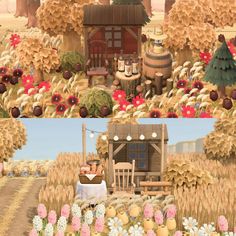 an animated scene with flowers, trees and a house in the middle of two pictures