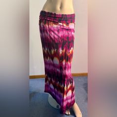 Women’s Stretch Fold Over Maxi Skirt In A Tie Dye Type Print , Vivid Colors Stretchy Substantial Weight Polyester Spandex Blend Jersey. Brand New No Hang Tags Fitted Purple Skirt For Vacation, Casual Fitted Tie Dye Skirt, Casual Purple Relaxed Maxi Skirt, Casual Purple Maxi Skirt For Beach, Casual Purple Beach Skirt, Casual Purple Skirt For Beach, Lightweight Maxi Skirt, White Maxi Skirts, Striped Maxi Skirts