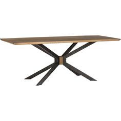 a wooden table with black metal legs and a wood top on an isolated white background