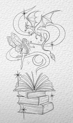 a drawing of a book with a fairy on top and a dragon flying over it