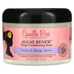 Our rich gourmet treatment is infused with a blend of pure blue green algae, packed with 65 vitamins, minerals and antioxidants. Unrefined cocoa and mango butters are artfully blended into this intense deep conditioning formula for maximum moisture benefits. Growth-stimulating biotin extracted from algae is then infused to create this one-of-a-kind softening cocktail for all hair types. Deep Conditioning Mask, Oil For Curly Hair, Deep Conditioning Hair Mask, Camille Rose, Conditioning Hair Mask, Deep Conditioning Hair, Conditioning Hair, Blue Green Algae, Green Algae