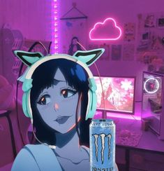 an anime character wearing headphones and holding a monster energy drink in front of a computer desk