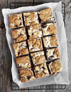 chocolate chip cookie bars with marshmallows on top