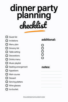 the dinner party planning checklist is shown in black and white with an orange marker