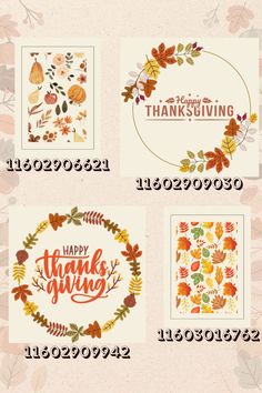 four thanksgiving cards with the words happy thanksgiving written in orange and green leaves on them