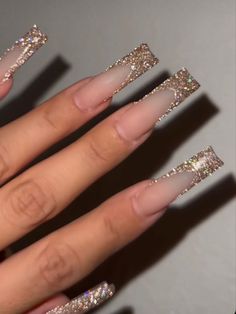 Gold French Acrylic Nails, Libra Birthday Nails Acrylic, Clear With Gold Nails, Cute Champagne Nails, Prom Nails Acrylic Classy Gold, Formal Nail Designs Sparkle, Gold Prom Nails Coffin, Nails 2023 Square Long, Glittery Gold French Tip Nails