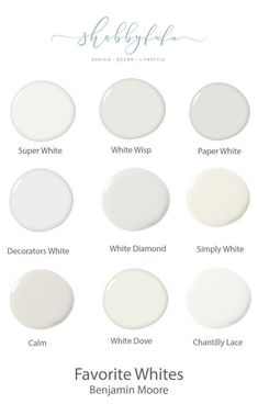 some white paint colors that are all in different shades and sizes, with the words favorite whites